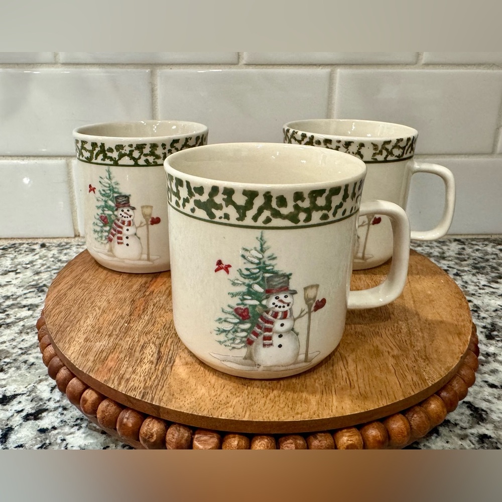 Vintage 90’s Snowman Christmas Stoneware Mugs Sponge Painted Set‎ of 3 EUC
